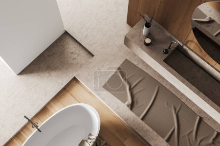 Draufsicht auf das moderne Badezimmer mit Waschbecken und Badewanne Hartholzboden. Waschbereich mit Spiegel und Zubehör an Deck. 3D-Rendering