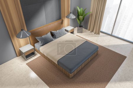 Photo for Top view on dark bedroom interior with bed, panoramic window with Singapore city skyscrapers, grey walls, carpet, concrete floor. Concept of minimalist design. Space for creative idea. 3d rendering - Royalty Free Image