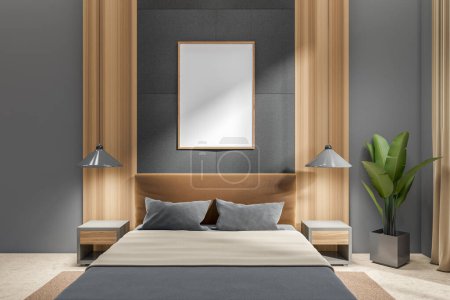 Photo for Front view on dark bedroom interior with bed, empty white poster, bedsides, grey walls, pillows, carpet, concrete floor. Concept of minimalist design. Space for creative idea. Mock up. 3d rendering - Royalty Free Image