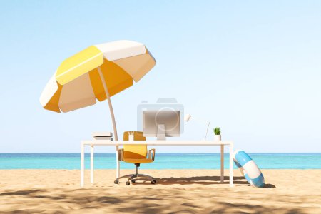 Téléchargez les photos : Lieu de travail minimaliste sur une plage, vue mer. Ordinateur PC et outils de bureau, accessoires de plage et parasol. Concept de vacances et de travail à distance. rendu 3D - en image libre de droit