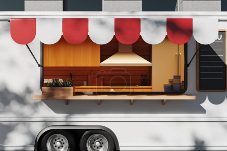 Foto de Moderno camión de comida con cocina, zona de cocina y utensilios de cocina. Concepto de comida de la ciudad. Renderizado 3D - Imagen libre de derechos