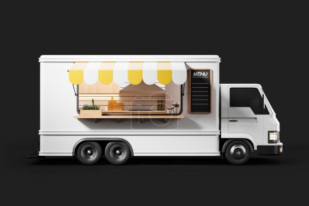 Foto de Moderno camión de comida callejera con cocina, vista lateral, furgoneta blanca con zona de cocina y menú sobre fondo oscuro. Concepto de camping y evento. Renderizado 3D - Imagen libre de derechos