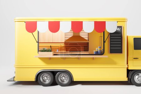 Foto de Colorido camión de comida callejera de cerca con cocina, vista lateral, camioneta amarilla con área de cocción y menú sobre fondo gris. Concepto de mercado ecológico. Renderizado 3D - Imagen libre de derechos