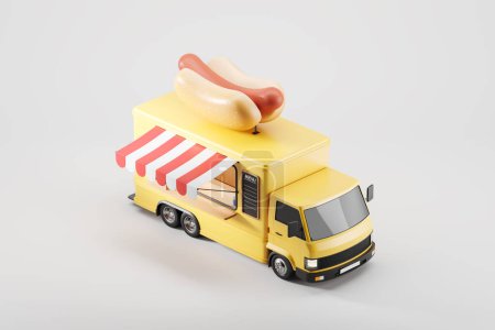 Foto de Vista superior de camión de comida brillante con hot dog en una azotea. Furgoneta moderna aislada sobre fondo gris. Concepto de comida rápida y mercado local. Copiar espacio. Renderizado 3D - Imagen libre de derechos