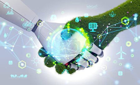 Photo for Robot and green hand agreement, technology and nature handshake. Earth sphere hologram and glowing eco hud with connection lines. Concept of balance and ecosystem. 3D rendering illustration - Royalty Free Image