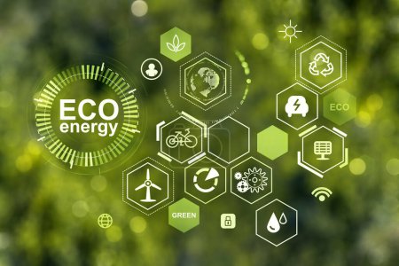 Photo for Glowing eco hud with diverse icons. Ecosystem and digital technology on blurred grass background. Concept of green energy and resources - Royalty Free Image