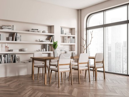 Foto de Interior de la sala de estar beige con sillas y mesa de comedor, vista lateral, estante con libros y decoración moderna en suelo de madera. Ventana panorámica con vista a la ciudad. Renderizado 3D - Imagen libre de derechos