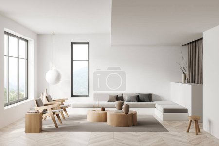 White lounge zone interior with sofa and two armchairs, coffee table and stand with decoration, carpet on hardwood floor. Panoramic window on countryside. 3D rendering