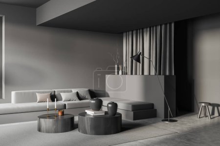 Photo for Dark living room interior with sofa, side view, carpet on grey concrete floor. Coffee table and stand with art decoration, curtains. Mockup empty wall. 3D rendering - Royalty Free Image