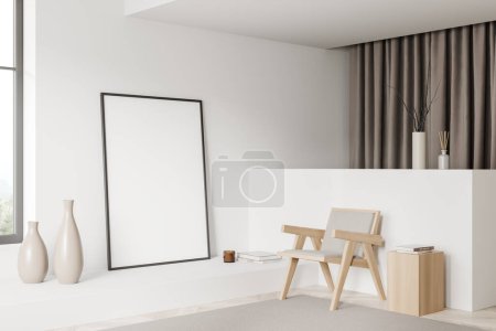 Téléchargez les photos : Salon blanc intérieur avec fauteuil, vue latérale, stand avec décoration et fenêtre sur campagne, tapis sur parquet. Affiche en toile maquillée. rendu 3D - en image libre de droit