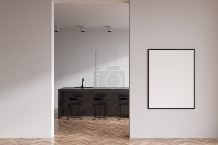 Photo for Front view on bright kitchen room interior with island, empty white poster, barstools, white wall, hardwood floor. Concept of minimalist design. Mock up. 3d rendering - Royalty Free Image