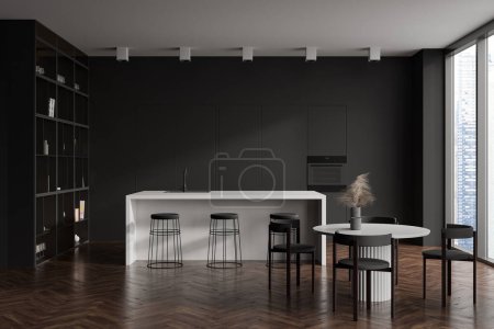 Photo for Front view on dark kitchen room interior with island, cupboard, barstools, grey wall, hardwood floor, dining table, panoramic window, shelves, oven, Concept of minimalist design. 3d rendering - Royalty Free Image