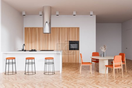 Photo for White kitchen interior with bar island and dining area with table and chairs, hardwood floor. Stylish eating space and concealed design with oven and hood. 3D rendering - Royalty Free Image