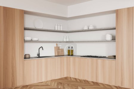 Téléchargez les photos : Intérieur de cuisine blanche sur plancher de bois franc. Étagères d'angle élégantes minimalistes et ustensiles de cuisine, vue latérale, design en bois. rendu 3D - en image libre de droit