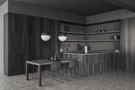Photo for Dark dining interior with island, table and chairs on grey concrete floor, side view. Minimalist kitchen with corner shelf and kitchenware. 3D rendering - Royalty Free Image
