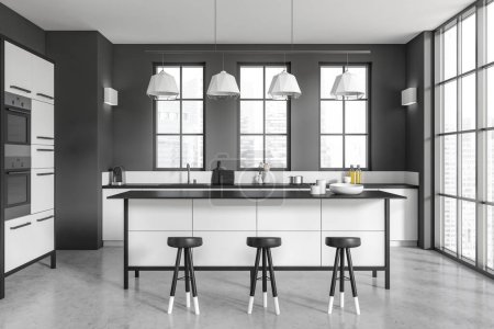 Photo for Front view on dark kitchen room interior with cupboard, island, barstool, grey wall, window with city view, coffee machine, oven, gas cooker, concrete floor. Concept of minimalist design. 3d rendering - Royalty Free Image