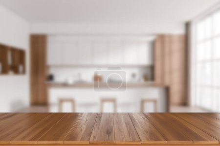 Foto de Encimera de madera sobre fondo de cocina blanca interior con ventana panorámica. Espacio de copia de burla para la visualización del producto. Renderizado 3D - Imagen libre de derechos