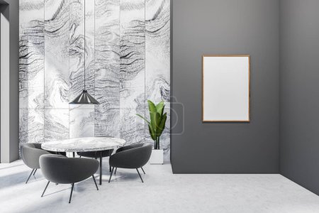 Photo for Front view on dark dining room interior with empty white poster, dining table, armchairs, marble and grey wall, concrete floor, houseplant. Concept of minimalist design. Mock up. 3d rendering - Royalty Free Image