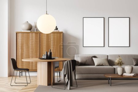 Photo for White living room interior with sofa and chairs with dining table, carpet on hardwood floor. Dresser with art decoration and coffee table. Two mock up canvas in row. 3D rendering - Royalty Free Image