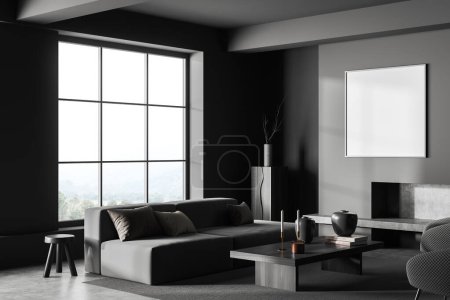 Photo for Dark relax room interior sofa, side view, panoramic window on countryside. Fireplace and armchairs with coffee table and decoration. Mock up blank square poster. 3D rendering - Royalty Free Image