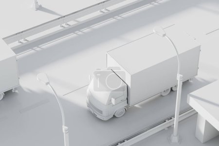 Photo for Top view of white truck for delivery service on a highway. Concept of shipment. Mock up copy space for brand and logo. 3D rendering - Royalty Free Image