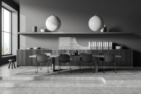 Foto de Interior oscuro de la sala de reuniones con sillas y mesa, podio de hormigón gris y alfombra. Habitación de oficina minimalista con aparador, documentos y decoración. Ventana panorámica en el campo, representación 3D - Imagen libre de derechos