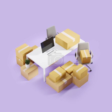 Foto de Lugar de trabajo y sillón con cajas de cartón. Ordenador de la PC de la vista superior en escritorio, fondo púrpura. Concepto de reubicación y mudanza. Renderizado 3D - Imagen libre de derechos