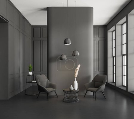 Photo for Dark living room interior with two armchairs, coffee table and stand with decoration, black concrete floor. Panoramic window on city view. 3D rendering - Royalty Free Image
