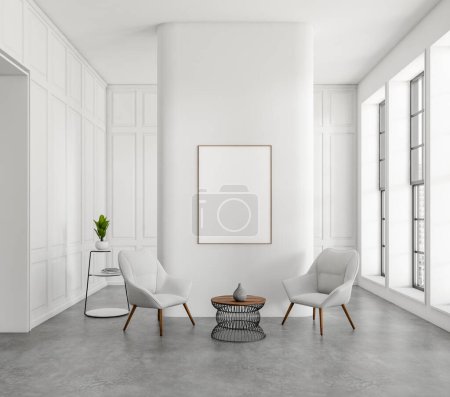 Foto de Salón interior blanco, dos sillones y mesa de centro con soporte, suelo de hormigón gris. Ventana panorámica con vista a la ciudad. Prepara un póster en blanco. Renderizado 3D - Imagen libre de derechos