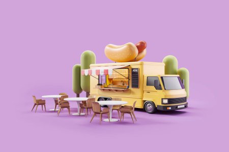 Foto de Camión de comida amarilla con hot dog en una azotea, vista lateral, sillón con mesa. Cocina y comedor exterior, fondo púrpura. Concepto de café callejero. Renderizado 3D - Imagen libre de derechos