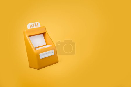 Foto de Colorido banco de cajeros automáticos volando sobre fondo amarillo. Concepto de efectivo y transacción. Pantalla de espacio de copia de burla. Renderizado 3D - Imagen libre de derechos