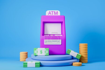 Photo for Violet ATM bank on podium with banknotes and coins on blue background. Concept of savings and income. Mockup copy space screen. 3D rendering - Royalty Free Image