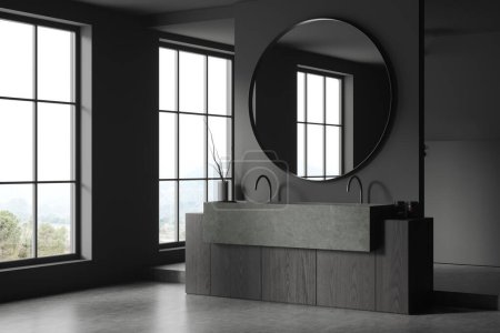 Photo for Dark bathroom interior with green double sink and black wooden shelves, side view large round mirror and partition. Panoramic window on countryside. 3D rendering - Royalty Free Image