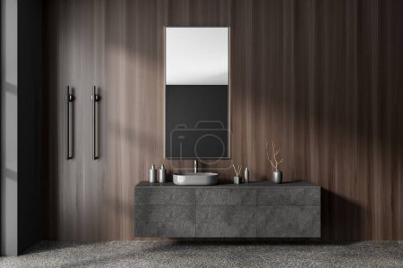 Photo for Dark wooden bathroom interior with sink and cabinet with accessories, vertical heated towel rail and grey concrete floor. Bathing room in modern contemporary apartment. 3D rendering - Royalty Free Image
