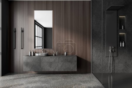 Téléchargez les photos : Intérieur de salle de bain en bois foncé avec lavabo et douche avec accessoires, armoire et porte-serviettes chauffant vertical, sol en béton gris. Design moderne de la zone de baignade à l'hôtel. rendu 3D - en image libre de droit