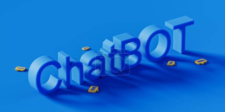 Photo for Blue word chatbot with speech bubbles lying around it over blue background. Concept of artificial intelligence and machine learning. 3d rendering - Royalty Free Image