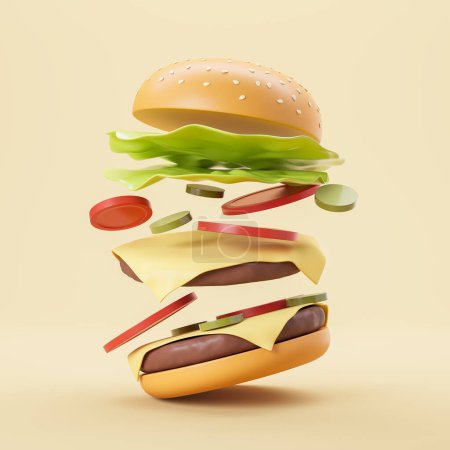 Téléchargez les photos : Vue du cheeseburger cartoon et de ses ingrédients sur fond blanc. Concept de restauration rapide et de cuisine. Rendu 3d - en image libre de droit