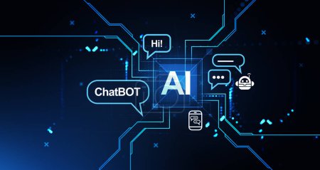 Photo for AI and chatbot hologram with speech bubbles and digital connection lines. Concept of robot communication, virtual assistant and artificial intelligence. 3D rendering illustration - Royalty Free Image