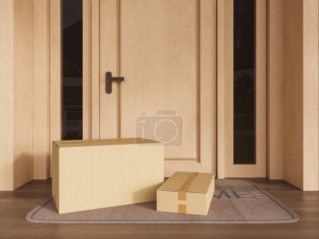 Foto de Dos cajas de cartón tiradas en la alfombra de la puerta cerca de la puerta de madera ligera. Concepto de servicios de entrega y logística. renderizado 3d - Imagen libre de derechos