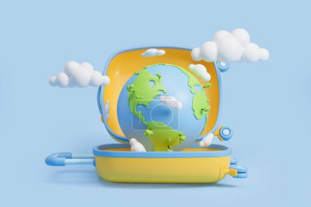 Foto de Planeta Tierra con árboles y nubes en maleta amarilla y azul sobre fondo azul. Concepto de turismo y viajes. renderizado 3d - Imagen libre de derechos