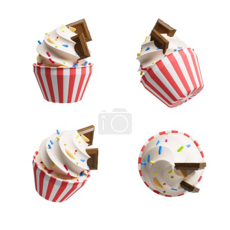 Foto de Pasteles de taza de dibujos animados decorados con chocolate y confeti, cuatro piezas de diferentes ángulos sobre fondo blanco. Concepto de pastelería y dulces. Ilustración de representación 3D - Imagen libre de derechos