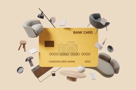 Téléchargez les photos : Carte de crédit bancaire jaune et mobilier moderne minimaliste flottant, fond beige. Concept d'achat, d'achat et de livraison en ligne. Illustration de rendu 3D - en image libre de droit