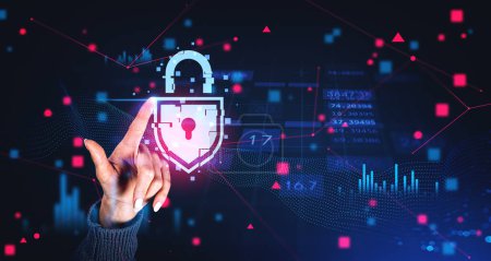 Photo for Hand of businesswoman using immersive data protection interface over dark blue background. Concept of cybersecurity - Royalty Free Image