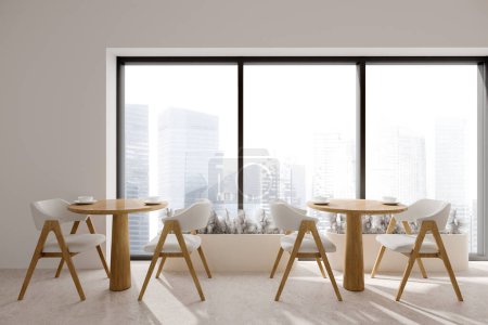 Photo for Cozy minimalist restaurant interior with two wooden tables, eating room with panoramic window on Singapore skyscrapers, light concrete floor. 3D rendering - Royalty Free Image