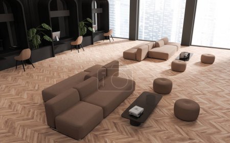 Photo for Top view of bank interior with relax place and sofa, work zone with pc computer and chairs, panoramic window. Open space business room and waiting corner. 3D rendering - Royalty Free Image
