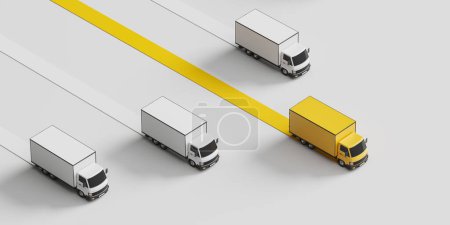 Téléchargez les photos : Rangée de camions en mouvement, vue de dessus jaune et blanc fourgonnettes de livraison se déplaçant à différentes vitesses. Concept de logistique, fret et meilleur service de livraison. Illustration de rendu 3D - en image libre de droit