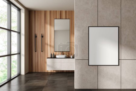 Photo for Modern hotel bathroom interior with sink, cabinet with accessories and brown tile concrete floor. Panoramic window on tropics. Mock up canvas poster. 3D rendering - Royalty Free Image