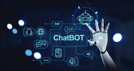 Foto de Robot finger touch chatbot holograma hud, comunicación e iconos de la red. Concepto de aprendizaje automático e inteligencia artificial. Ilustración de representación 3D - Imagen libre de derechos