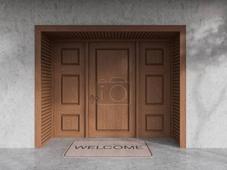Photo for View of wooden door in concrete wall with welcome door mat lying in front of it. Concept of front door and entrance. 3d rendering - Royalty Free Image