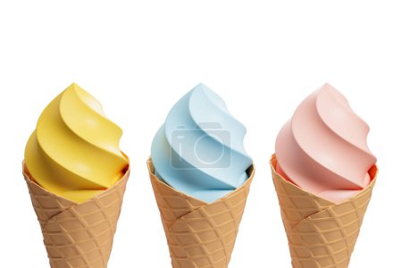 Téléchargez les photos : Cônes de crème glacée colorés dessin animé en rangée sur fond d'espace de copie blanche. Concept de glace, yaourt glacé et café d'été. Illustration de rendu 3D - en image libre de droit